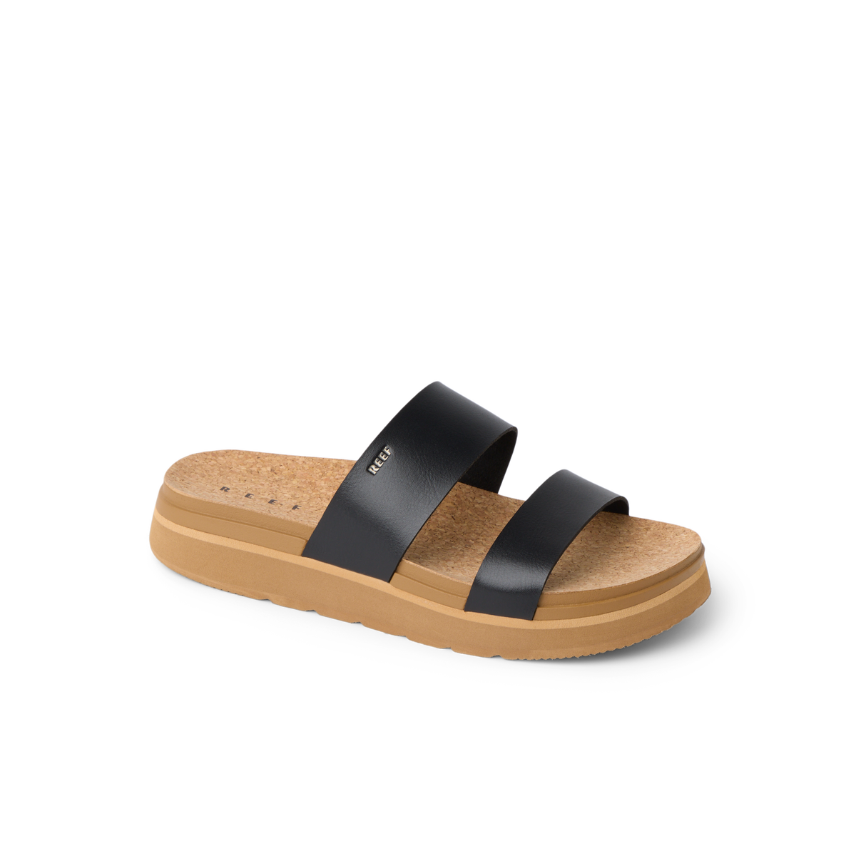 Vista Hi 2 sandal facing right with black vegan straps, cushioned cork footbed, and lightweight tan platform sole for comfort