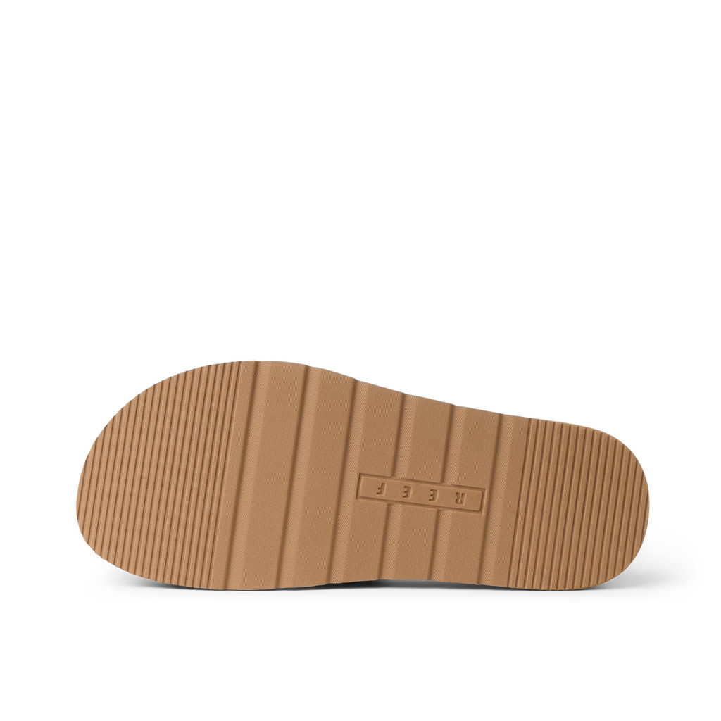Vista Hi 2 sandal sole facing up showing lightweight tan platform with durable textured traction and REEF branding