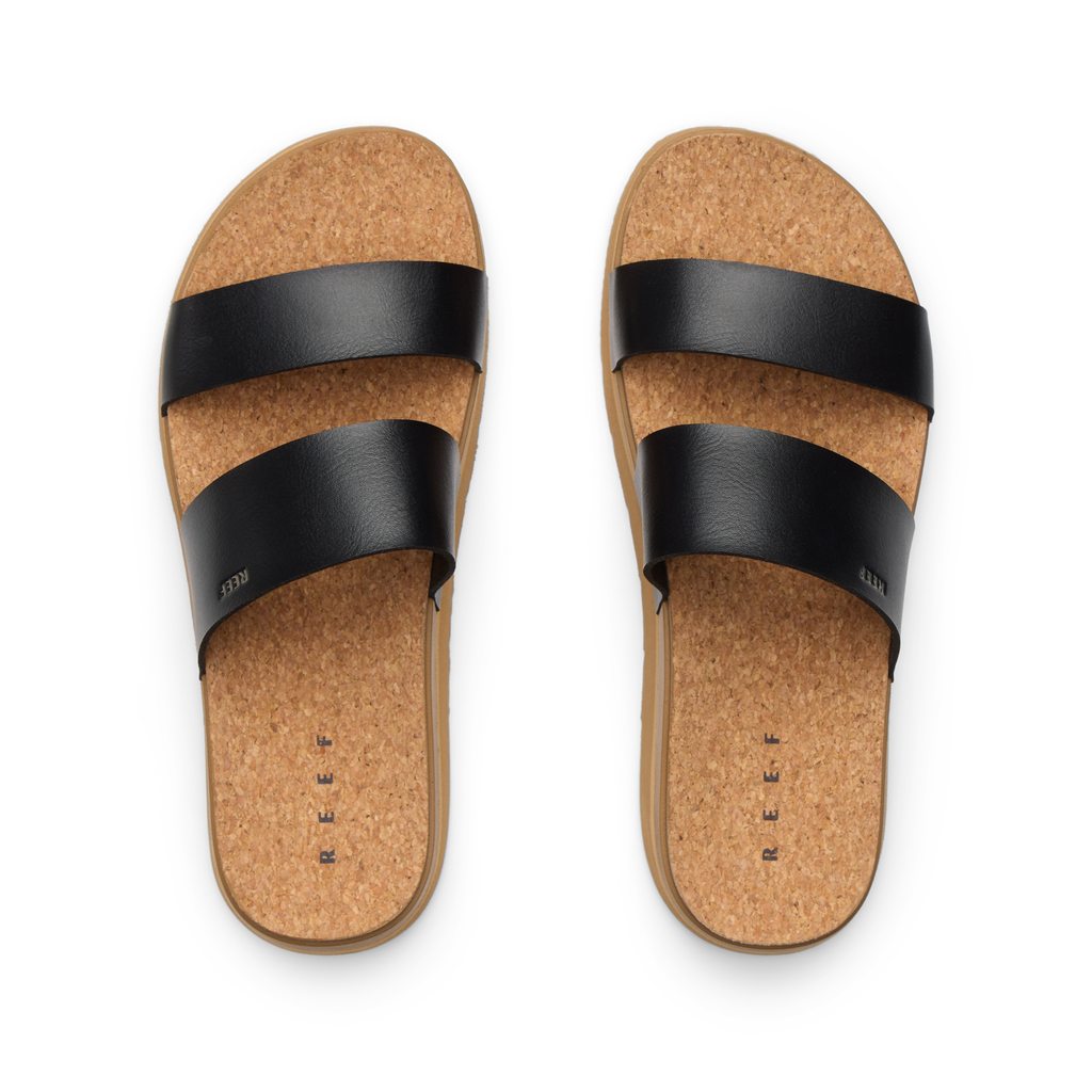 Vista Hi 2 sandals top view with black vegan straps, cushioned cork footbed, and molded arch support for all-day comfort