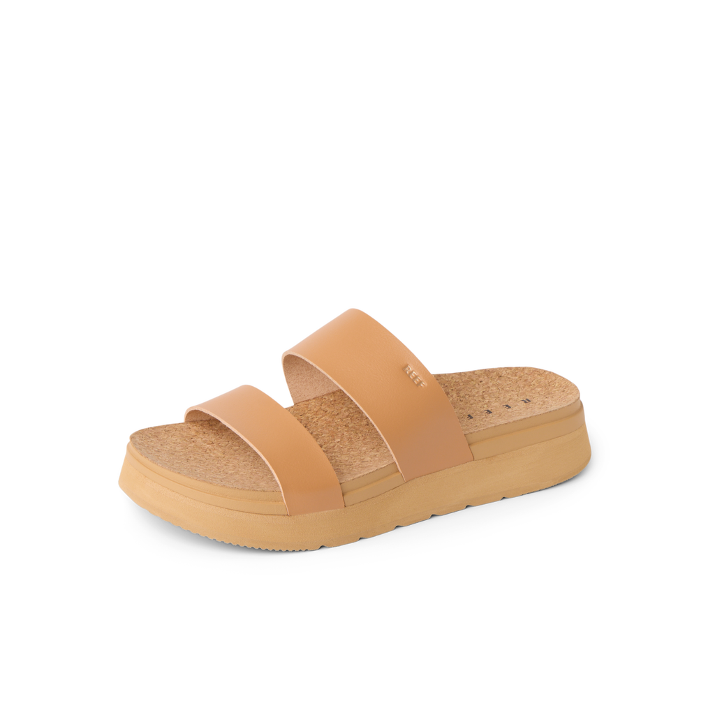 Vista Hi 2 sandal facing right with natural vegan straps, cushioned cork footbed, and lightweight tan platform for all-day comfort