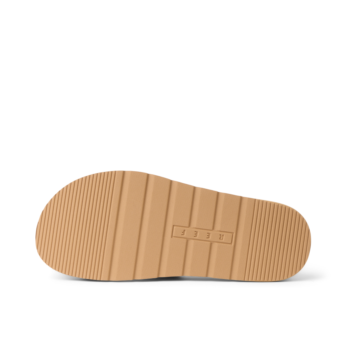 Vista Hi 2 sandal sole facing up, showing tan textured tread with REEF branding, designed for comfort and durability.