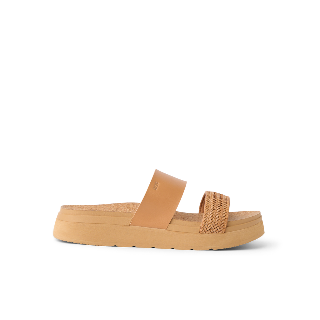 Vista Hi 2 sandal facing right with tan smooth and braided straps, cushioned platform, and enhanced arch support for comfort