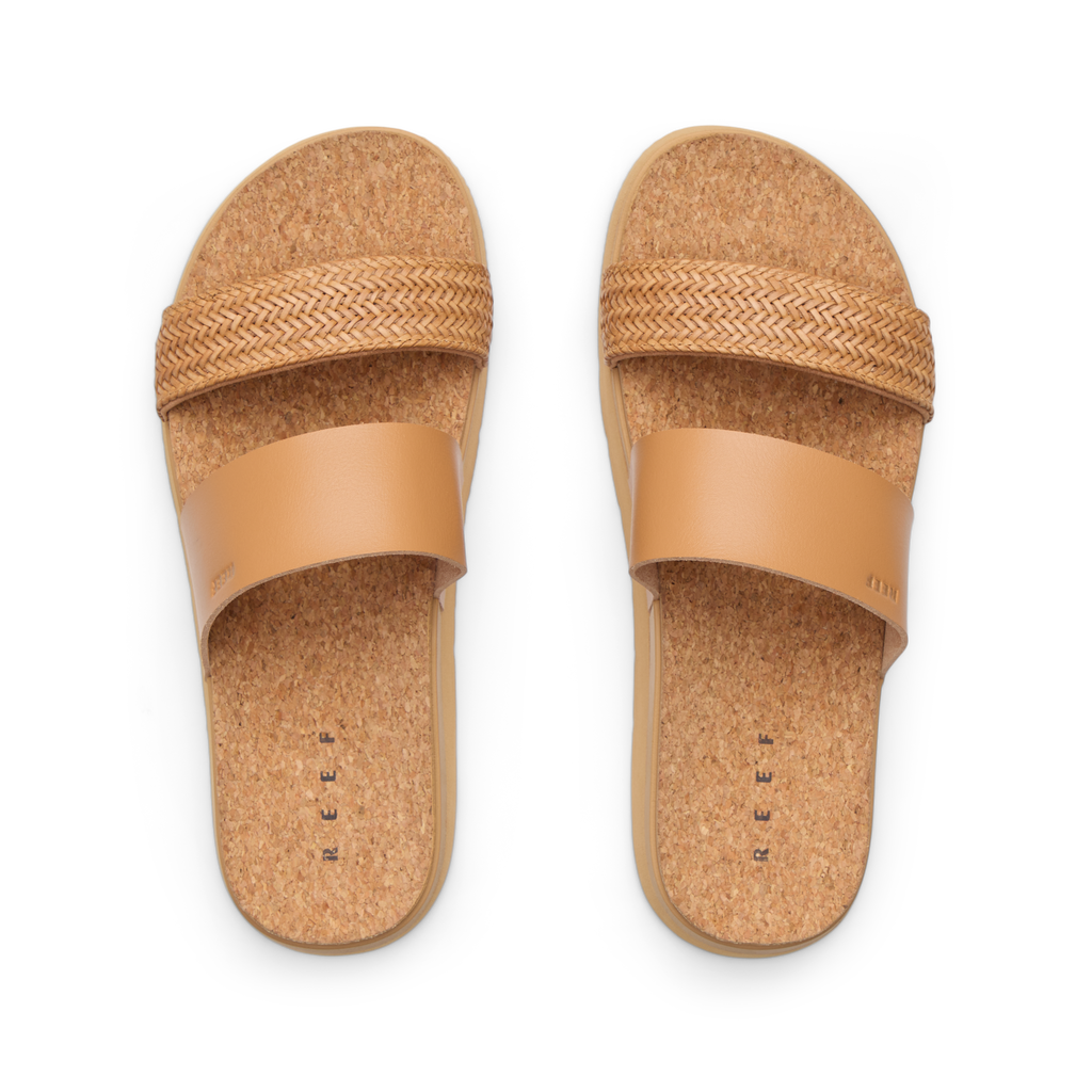 Vista Hi 2 sandals top view facing up, showing tan woven and smooth vegan straps with cushioned cork footbed for comfort