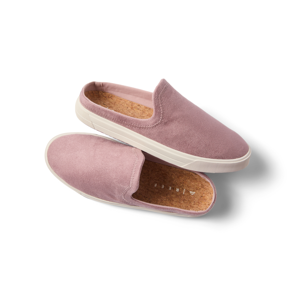 Coastal Breeze women's slip-on shoes in pale mauve facing right, close-up of soft suede upper and cork footbed.