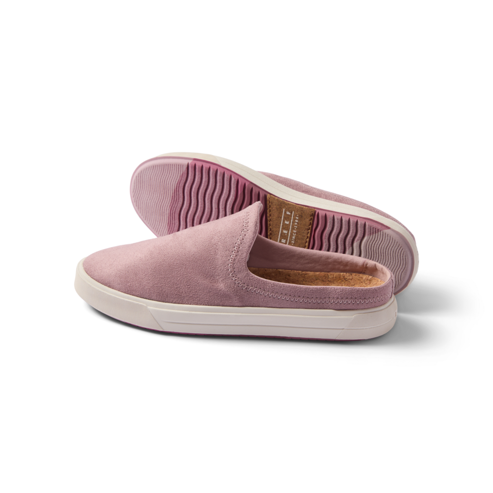 Coastal Breeze women's slip-on shoe in pale mauve facing right, showing top and sole, beach-inspired comfort design