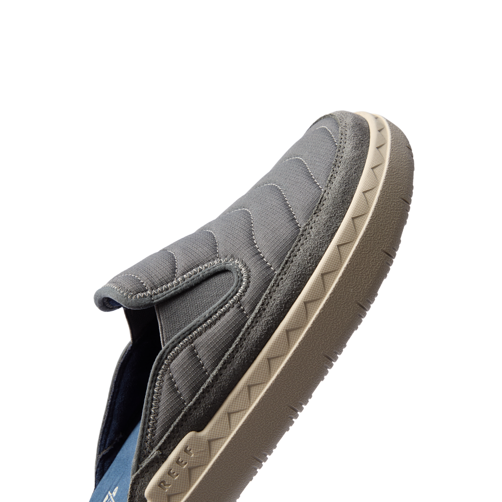 Rambler Kicker mule facing right with grey soft upper, cushioned memory foam footbed, and lightweight EVA sole for all-day comfort