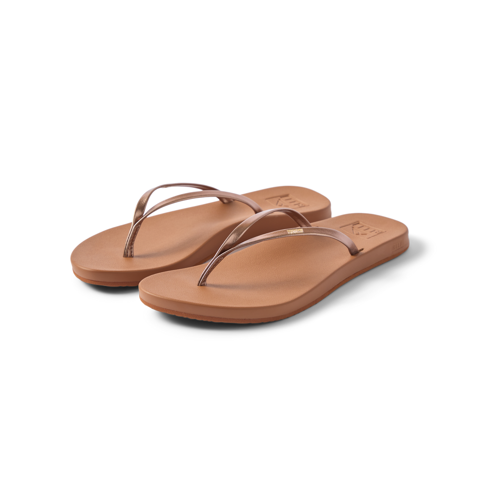 Pair of Cushion Slim women's sandals facing right, close-up of soft-rebound cushioned footbed and bronze brown straps.
