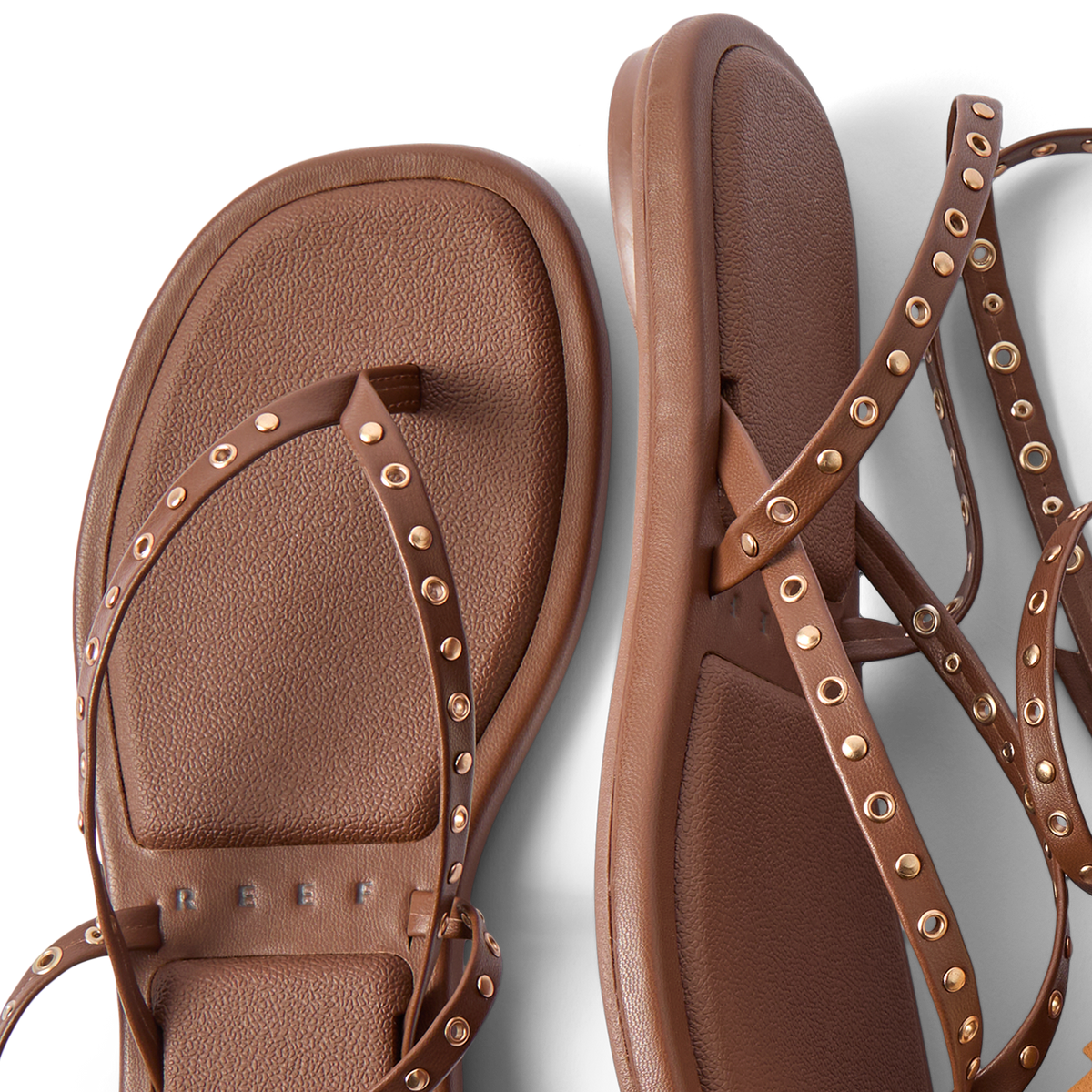 Willow Quinn Studs brown sandals facing up and right showing studded straps and cushioned footbeds for comfort
