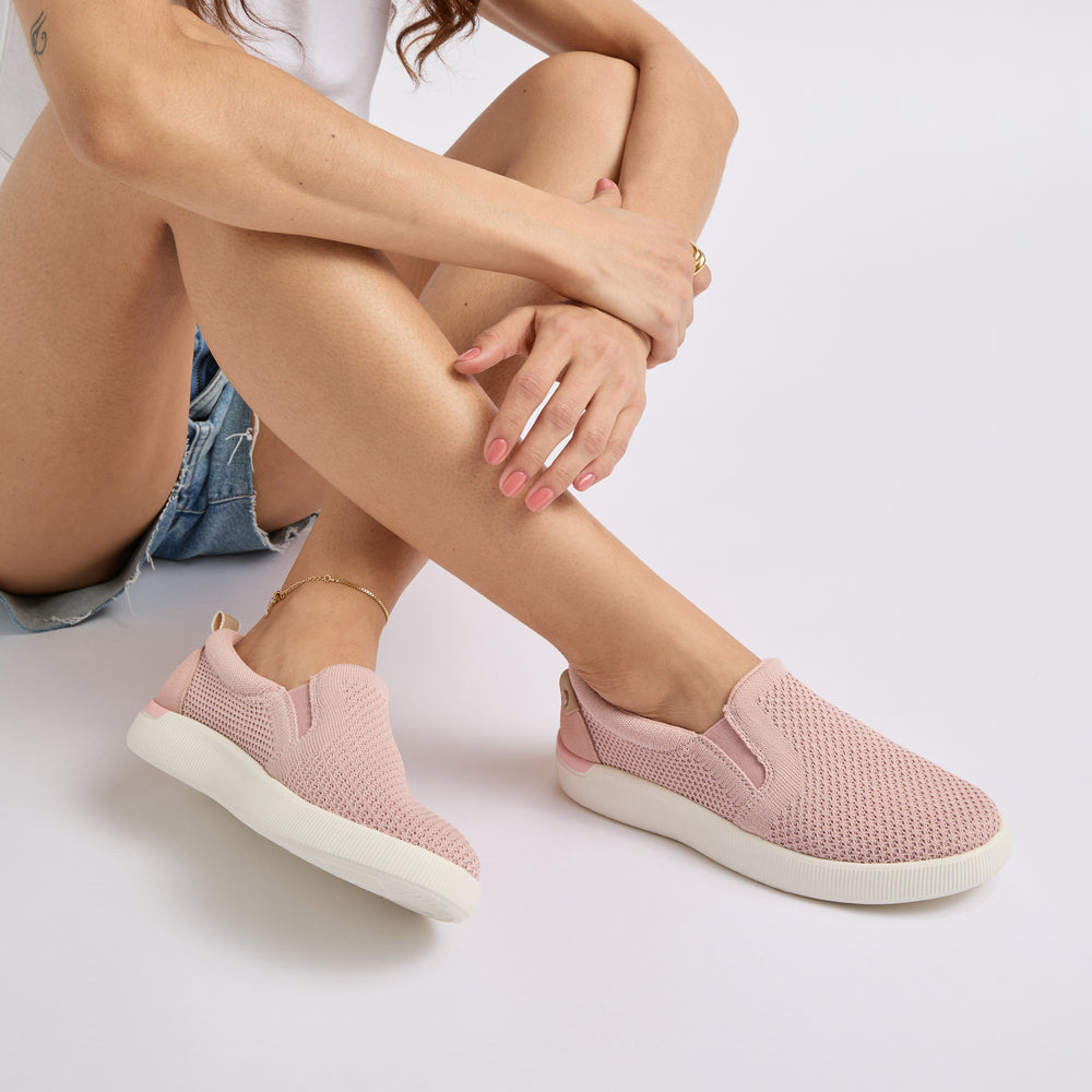 Neptune Elyse in cameo rose, slip-on shoes facing left with breathable upper and soft cushioning for all-day comfort