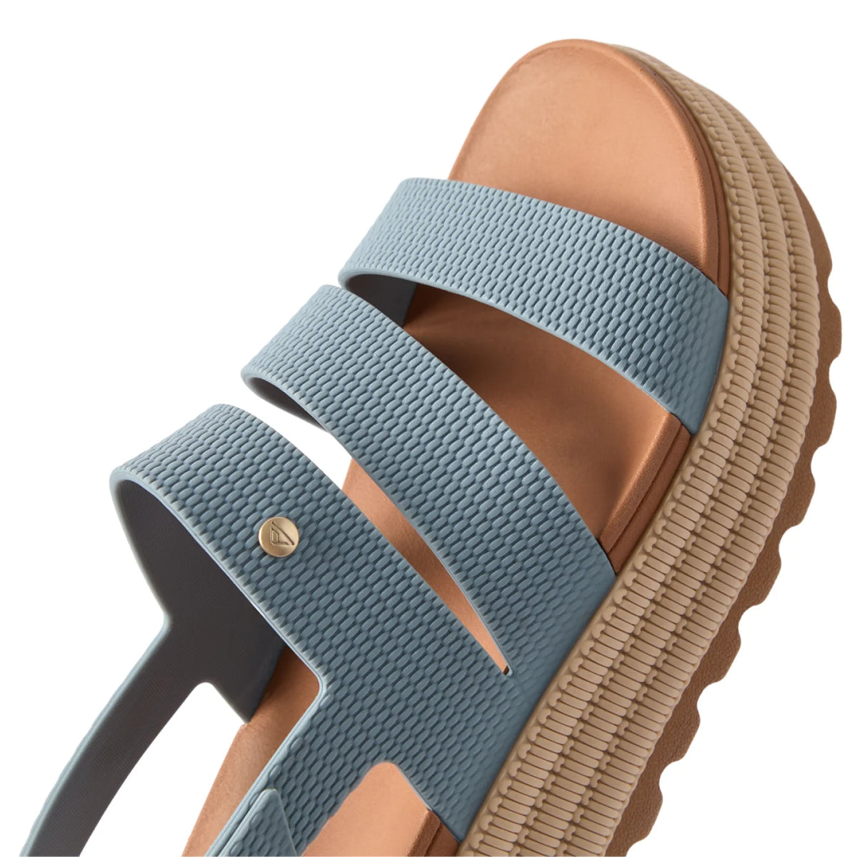 Close-up of the top and side of a blue Water Vista Higher 2 sandal facing left with extra cushioning and arch support.