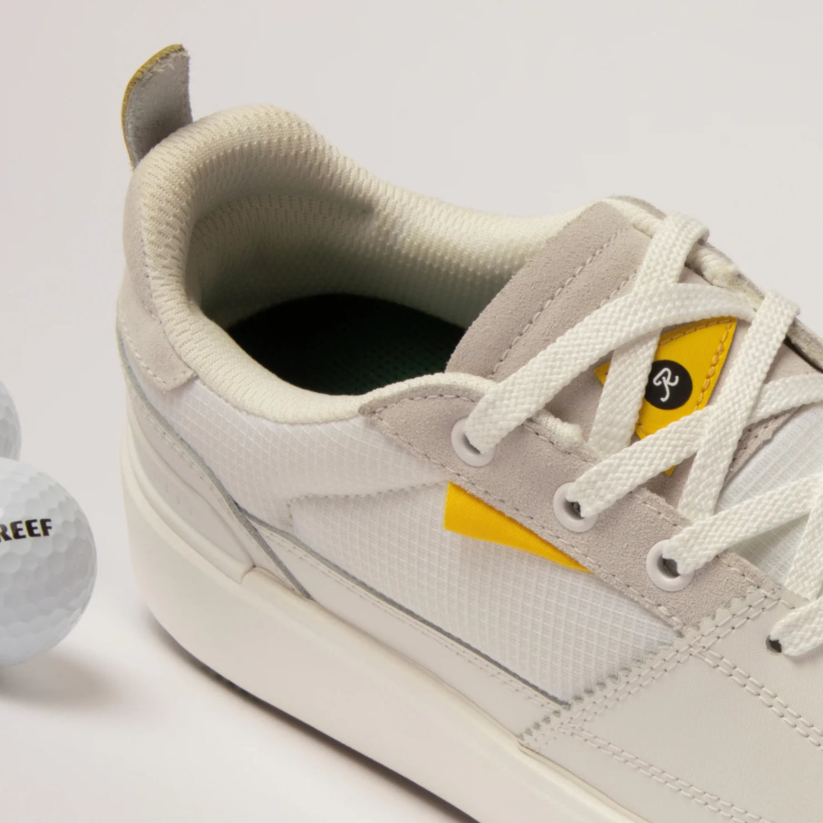 Onshore Pines right-facing white sneaker close-up showing cushioned collar and sustainable water-friendly materials