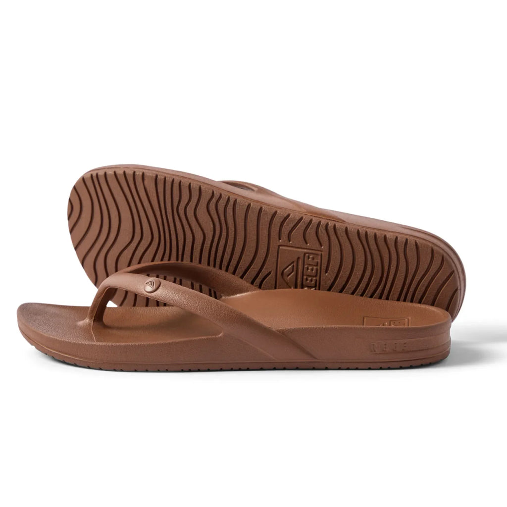 Vista Vay-Cay women’s brown flip flop sandals showing side and sole with water-friendly, cushioned comfort design facing right.