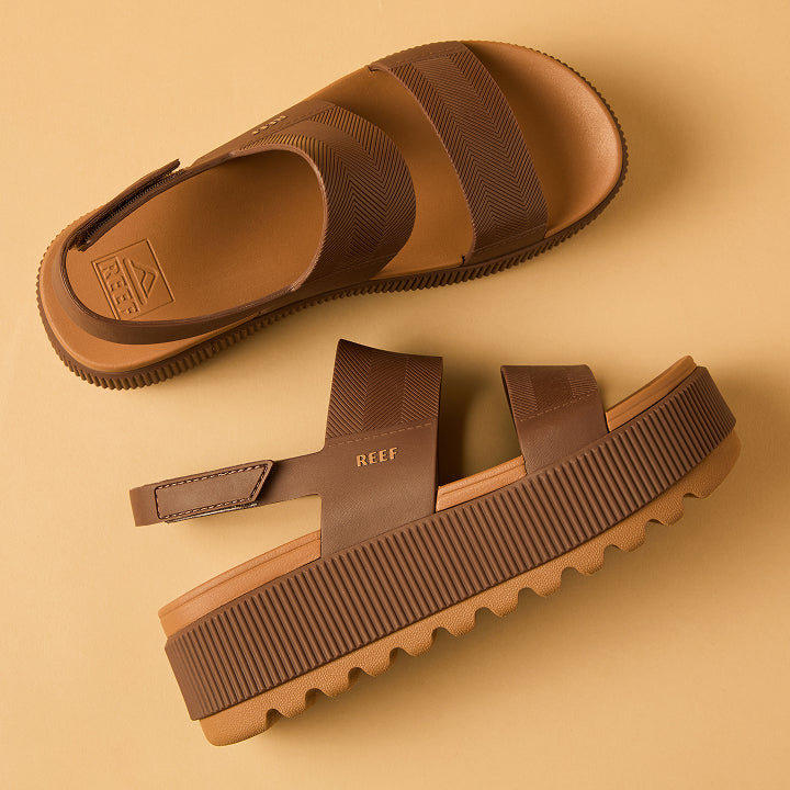 Water Vista Higher women's sandals in espresso brown, side and top view, featuring arch support and cushioned footbed.
