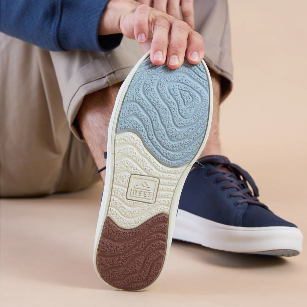Atlantic men's shoe sole facing forward with textured blue, cream, and cappuccino sections, highlighting comfort and durability.