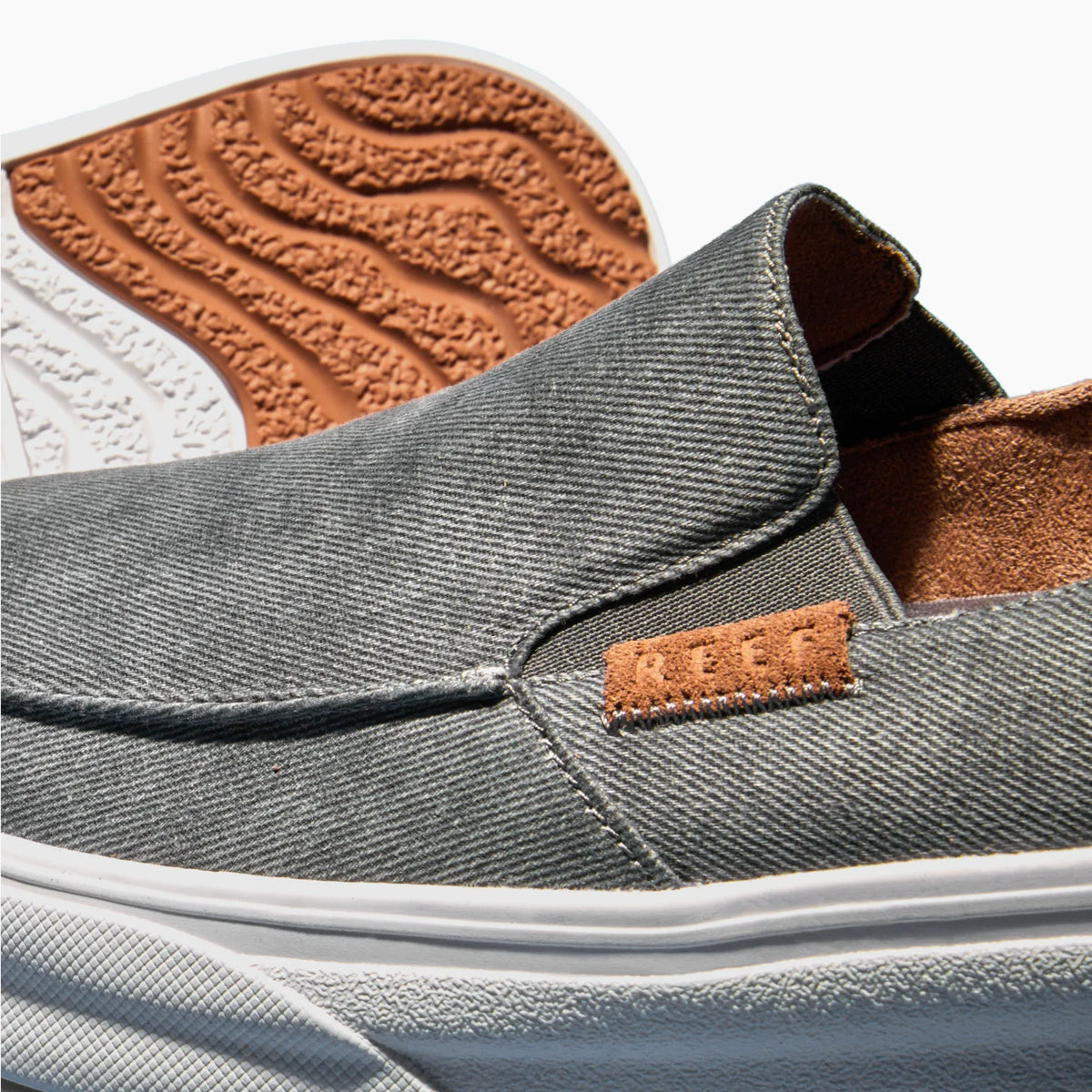 Close-up of the left Pacific slip-on shoe facing left in smoke gray with textured sole and comfort features
