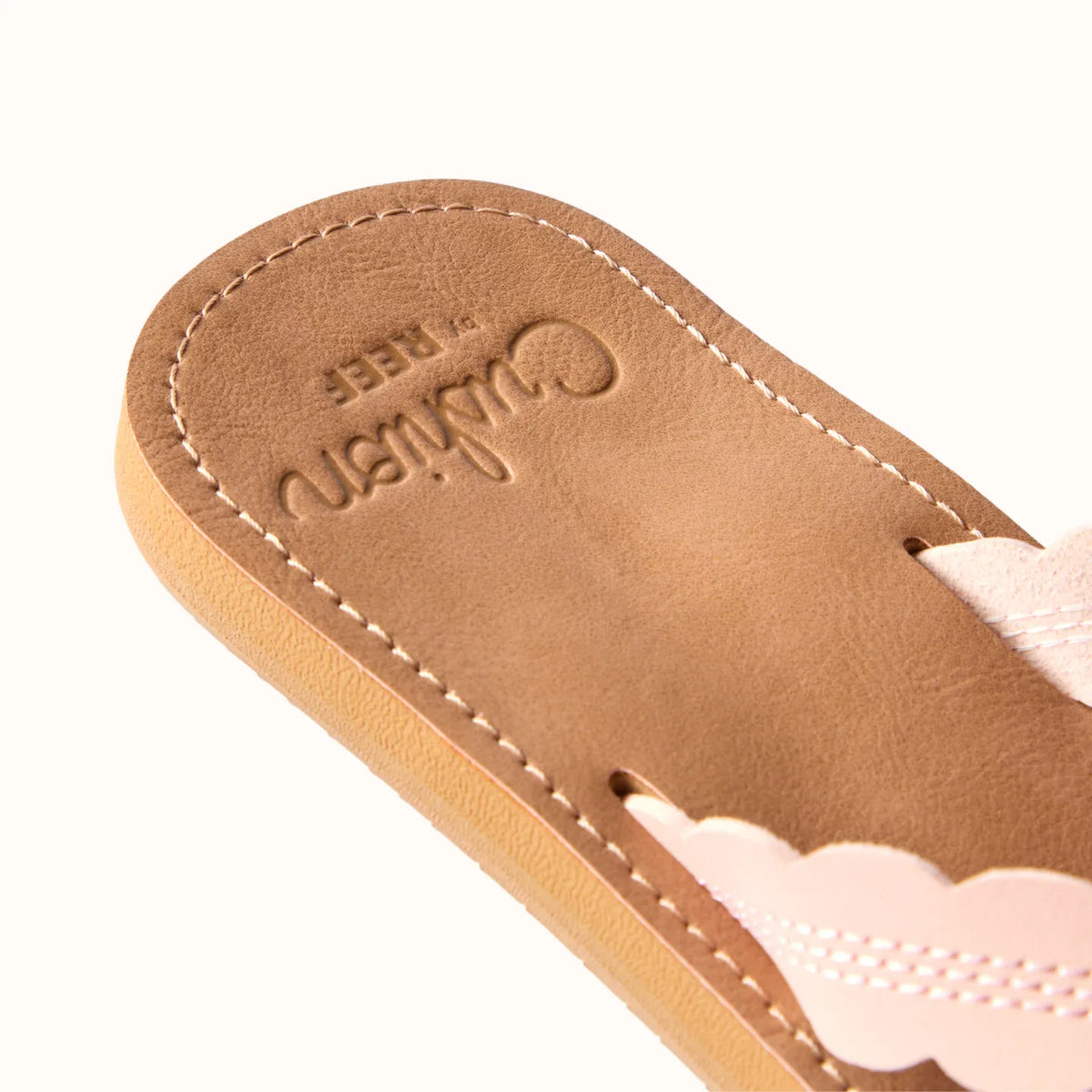 Reef Celine x Jenny close-up of top footbed with scalloped straps, featuring soft rebound cushioning and anatomical arch support