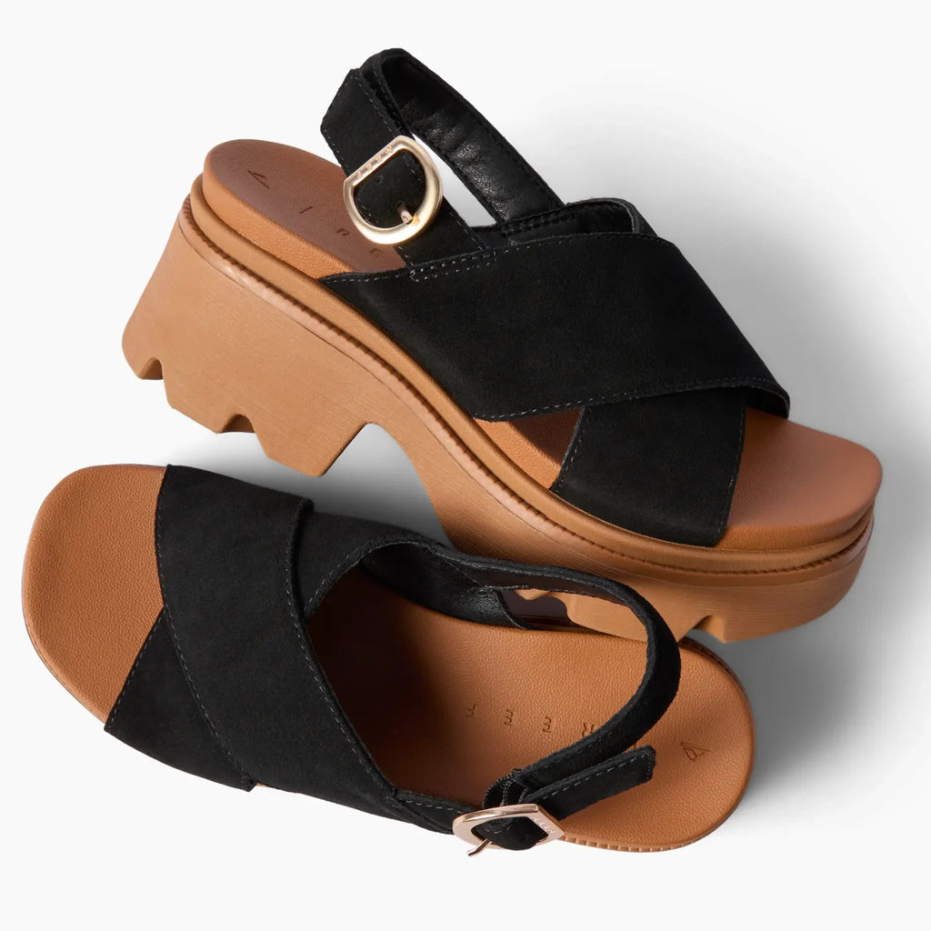 Vista Luxe Ava black suede sandals with crossover straps and buckles one facing right and one facing left with arch support