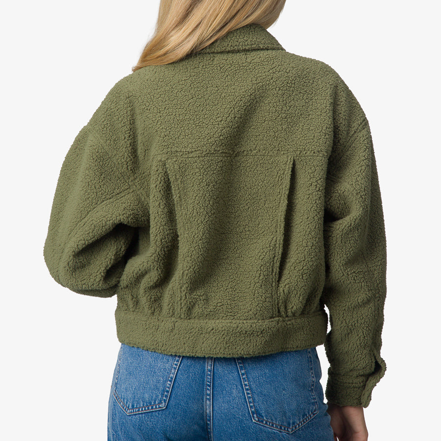 Back view of women's Sammie Sherpa Jacket in olivine green, highlighting soft, cozy texture and relaxed fit.