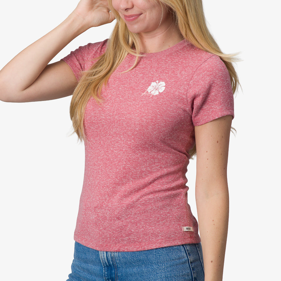 Saylor Fitted Tee in mauvewood worn by woman, showing front and side with a small white hibiscus logo on chest