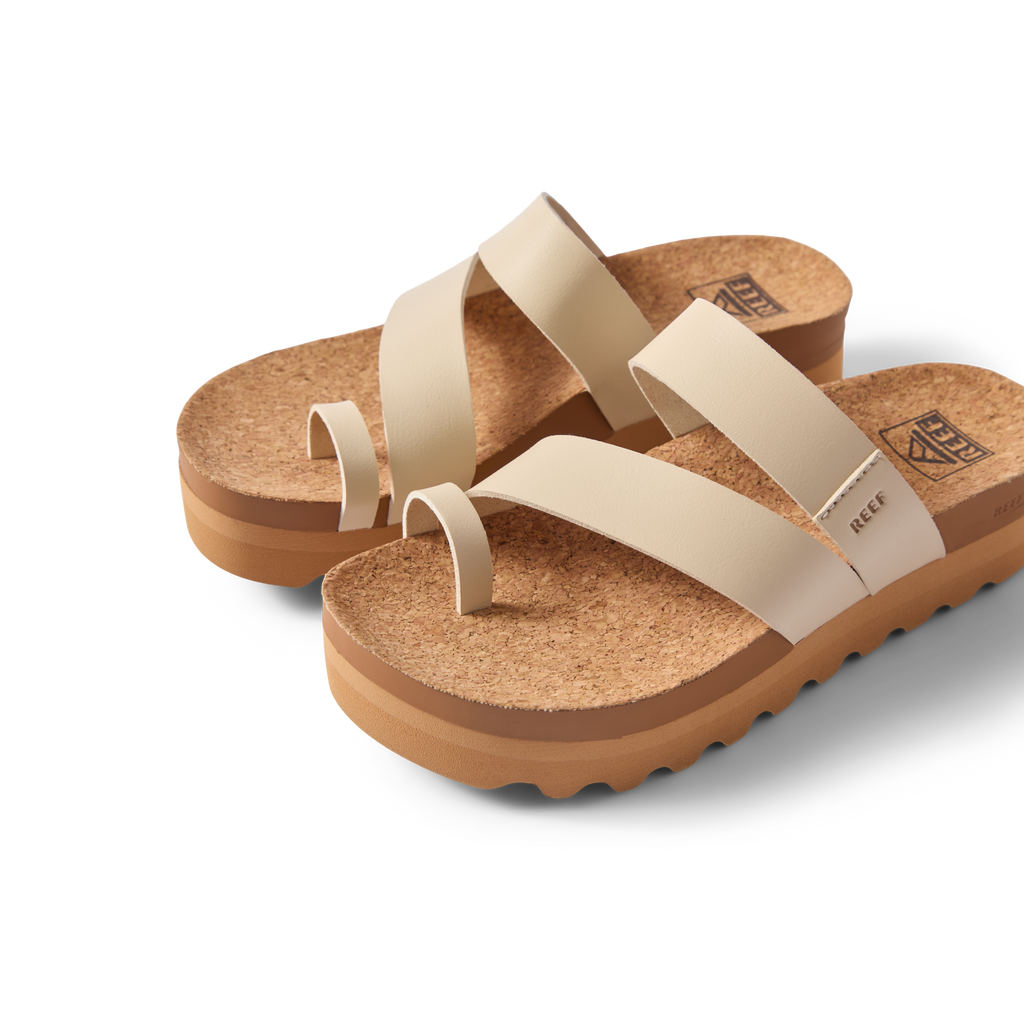 Vista Hi Layla women's sandals facing right, cork footbed with ridged sole, beach-inspired comfort and arch support.
