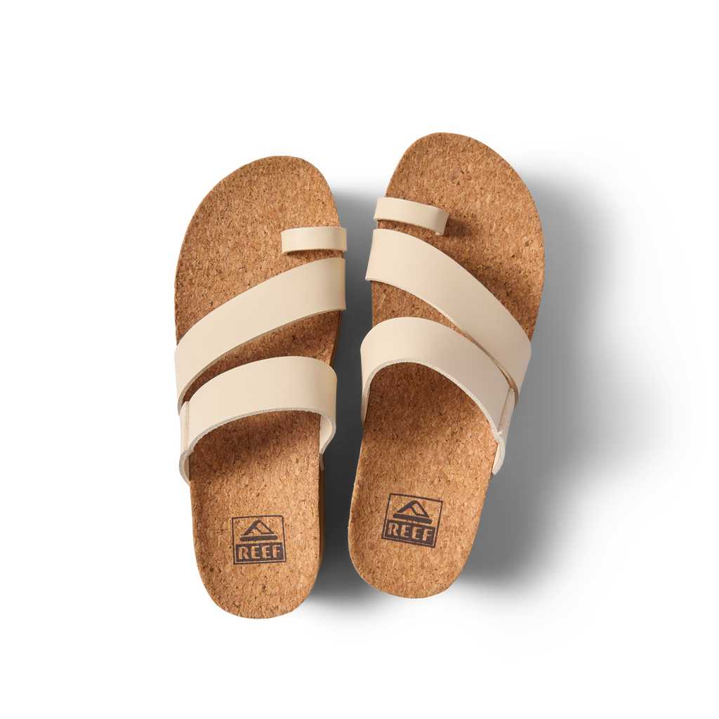 Top view of beige Vista Hi Layla sandals for women with cork footbeds, anatomical arch support, and soft cushioning.