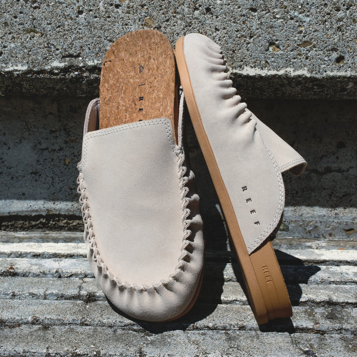 Vista Myra facing right and left, women's warm sand leather clog with ruched upper, cork footbed, and enhanced arch support.