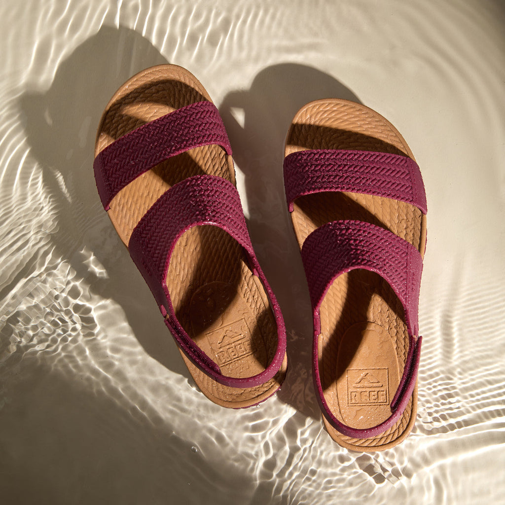 Top view of Reef Water Vista women's sandals in cordovan facing up, showcasing cushioned footbeds and water-friendly design.