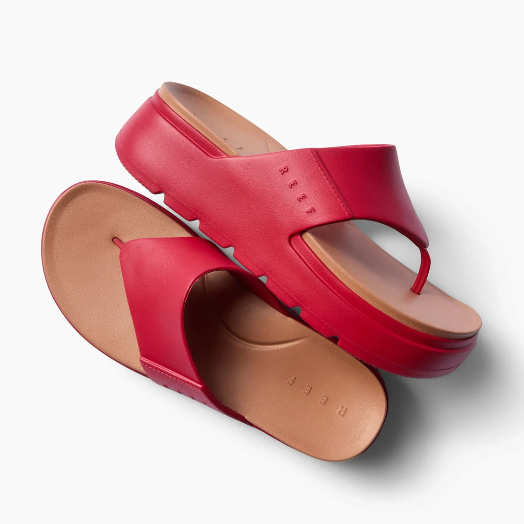 Cali Laguna women's red platform sandals top view showing molded cushioned footbed and water-friendly sole for beach comfort